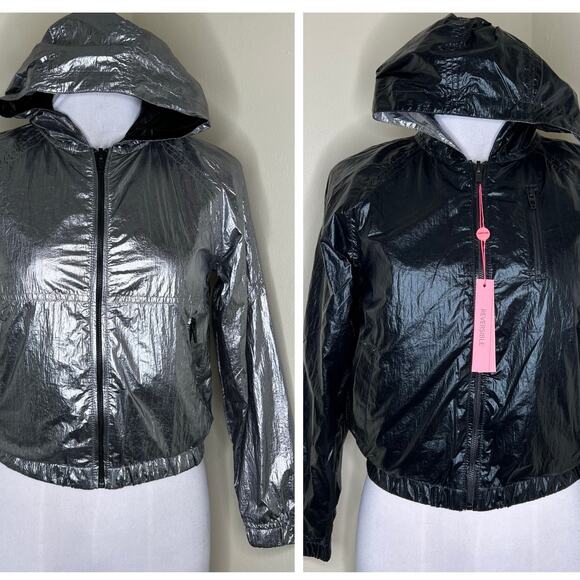 Blank NYC Reversible Jacket Medium Girls Silver Black Metallic Foil Packable New - Picture 1 of 11